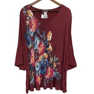 Catherines‎ Blouse Top Women Size 1X Maroon Floral Lightweight Bell Sleeve
